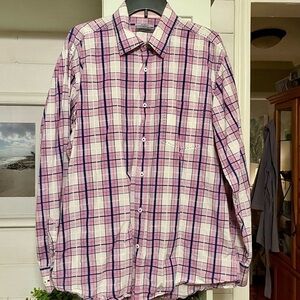 Johnston & Murphy Tailored Fit Button Down Shirt XL Pink & Blue Plaid